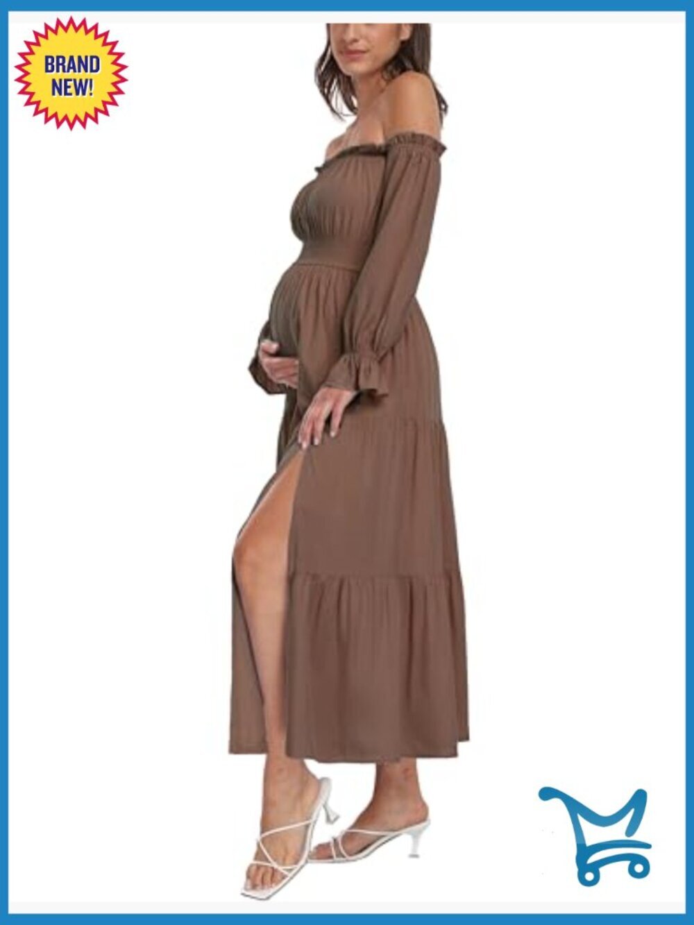 Off Shoulder Maternity Dress, Long Sleeve Side Split Flowy A Line Maxi Dress - Picture 2 of 7